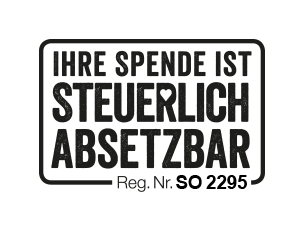 Text in Rahmen: IHRE SPENDE IST STEUERLICH ABSETZBAR. Reg. Nr. SO 2295. – Das Loch im R des Wortes „STEUERLICH“ hat Herzform.