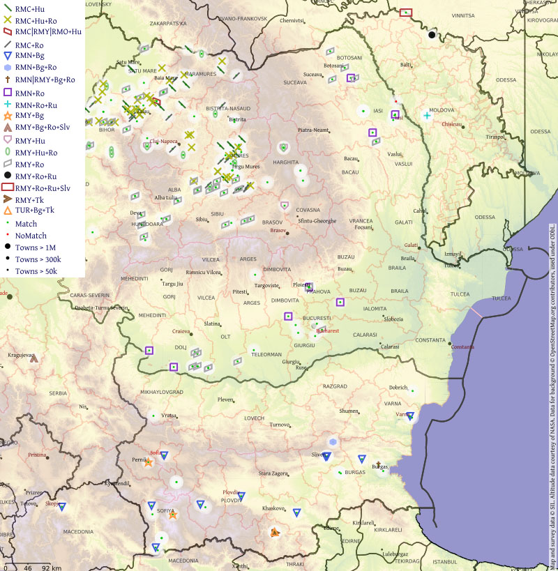 Karte von Rumänien, Bulgarien und Serbien mit Symbolen und einer Legende zu den Symbolen: Es sind Codes für Romani-Dialekte.